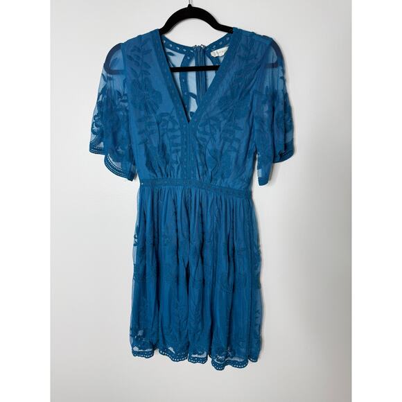 Altar'd State Dark Teal Blue Boho Lace Flutter Sleeve Short Mini Dress Small - Picture 1 of 9